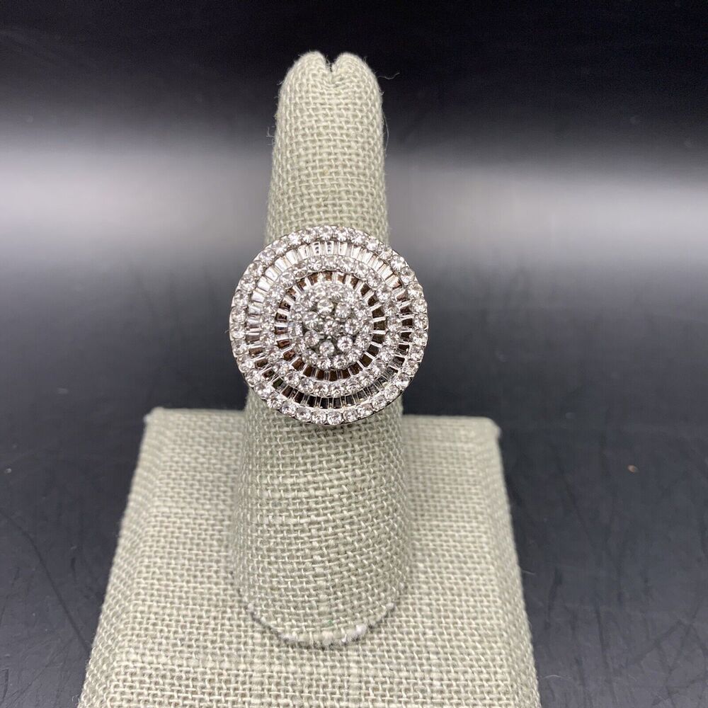 Clear Rhinestone Round Statement Ring Size 7.25 Large Big Floral Flower Center